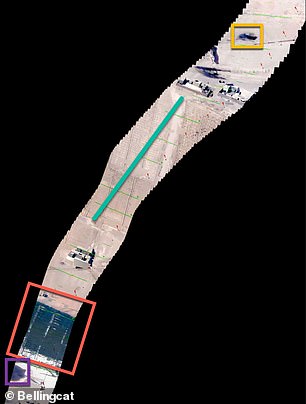 Bellingcat researchers laid out the Pentagon video, frame by frame into a map of the orb's route (above), to better compare the terrain beneath the 'orb' to Google's satellite data