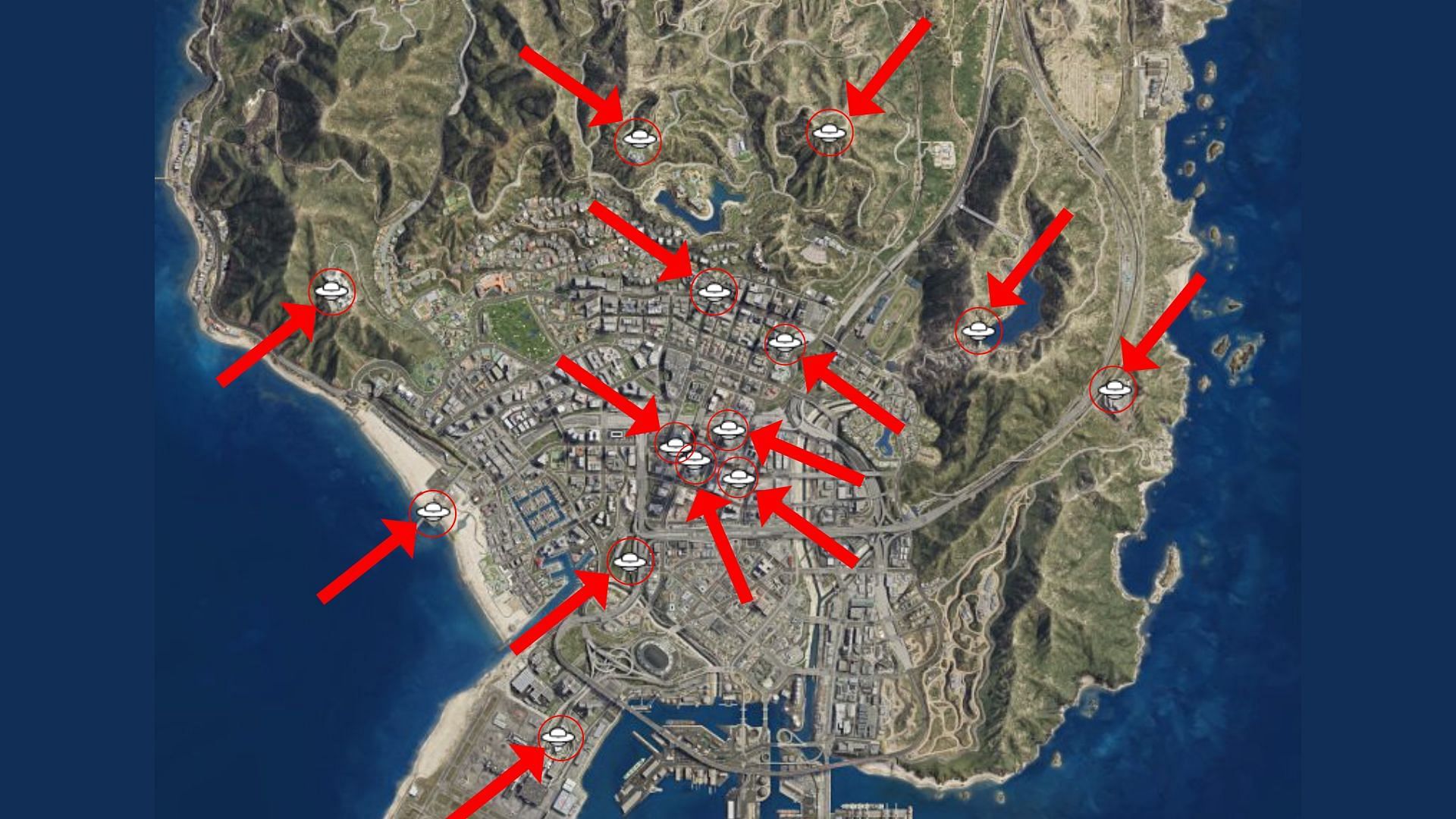 A brief map overview of all UFO locations in GTA Online from October 28 to 31, 2023 (Image via Rockstar Games)