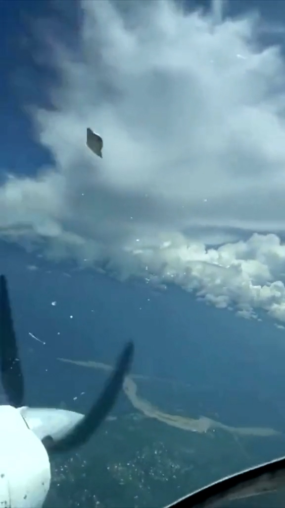 The object soared past an airplane at a fast speed, disappearing off-camera