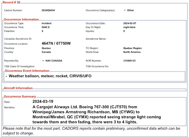 UFOs reported through Transport Canada on March 18-19, 2024