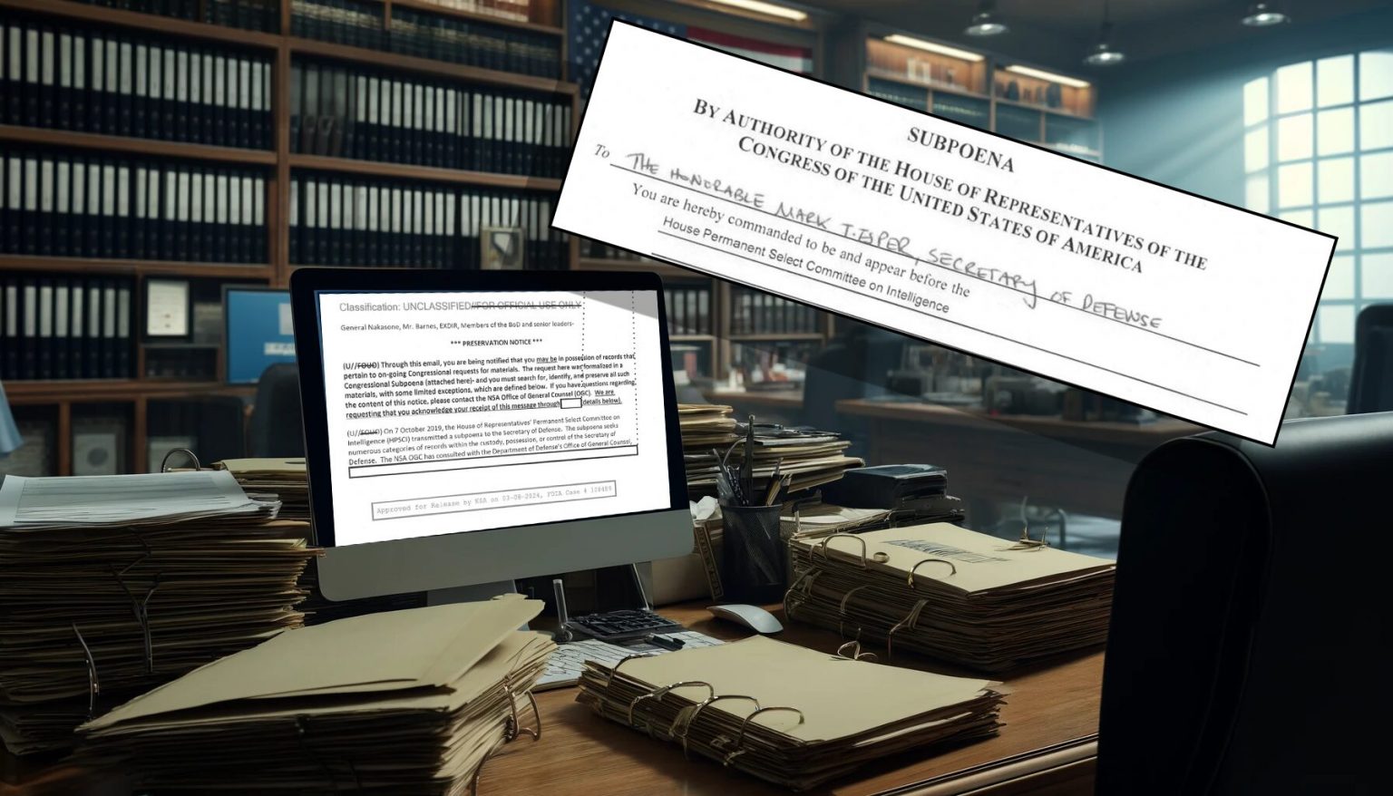 October 2019 HPSCI Subpoena of Mark Esper And Preservation Notice Issued to NSA