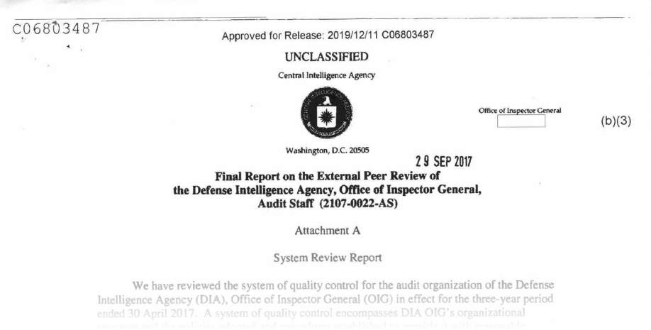Final Report on the External Peer Review of the Defense Intelligence Agency, Office of Inspector General, Audit Staff (2107-0022-AS)