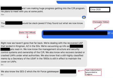 Text exchange between Chris Mellon and US Govt. official submitted to Congress regarding UAP crash retrievals