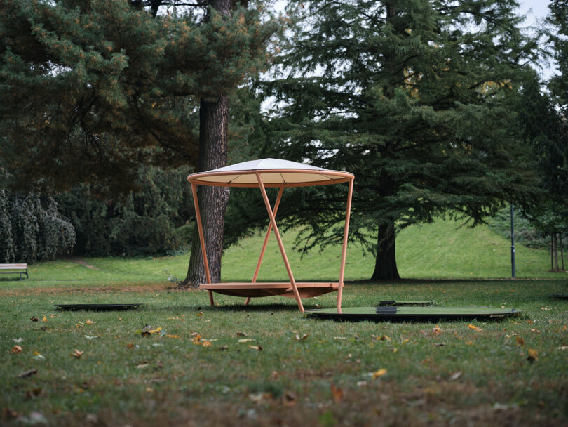 Modern wooden circular bench with an overhead canopy in a park setting, surrounded by green grass and trees.