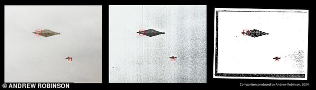 A comparison of the original Calvine image (left) with the photocopy faxed from RAF Pitreavie to London in August 1990, and the photocopy of the Calvine sighting released by The National Archive in 2009 (right)