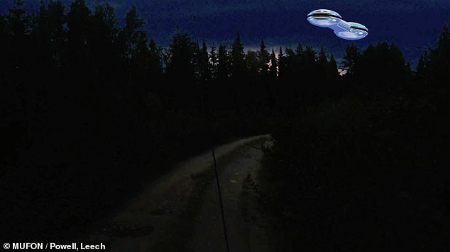 Witnesses described 'an indigo plasma that covered most of the craft,' which was barbell-shaped and extended about 170-ft long, 60-ft wide and 20-ft tall, as it flew slowly over the tree-line Above a CAD 3D render of the UFO showing the UFO on the logging road in Ontario