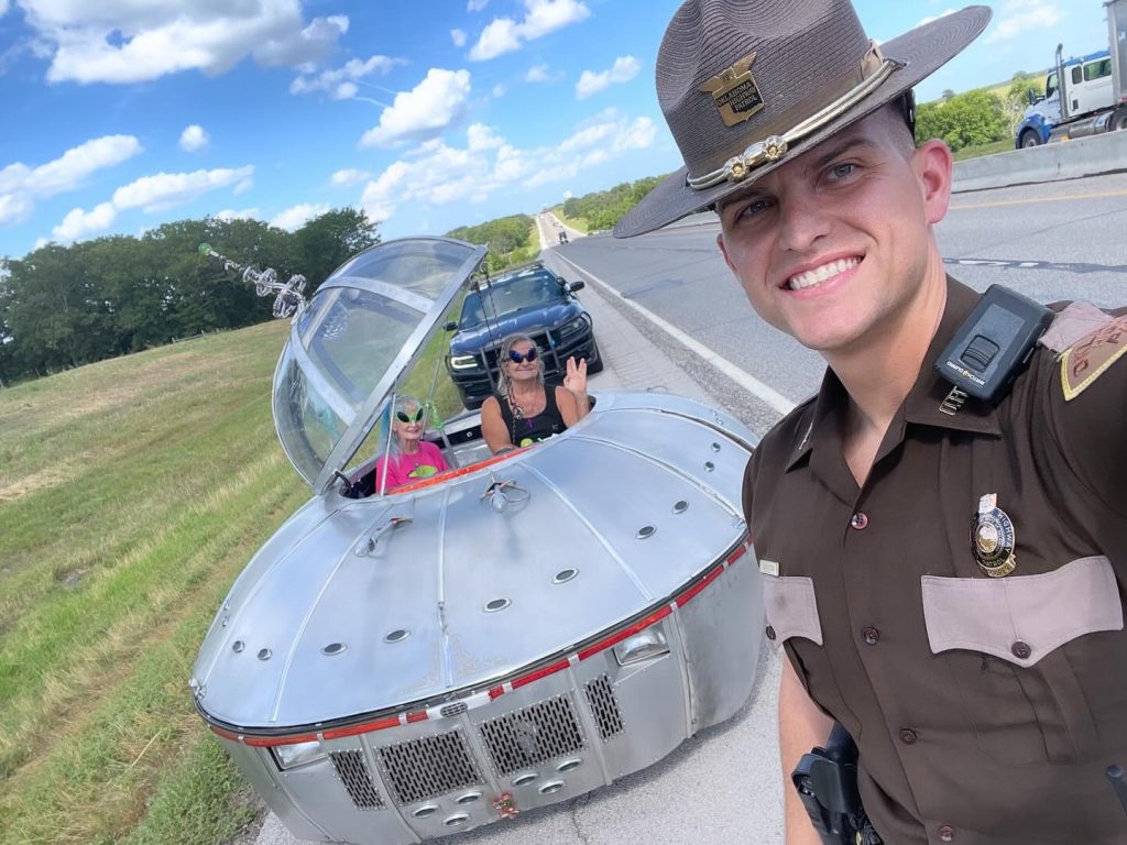 A flying-saucer car drove to a UFO festival and was stopped four times