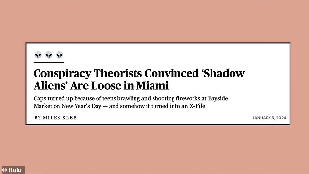 A headline referring to the bizarre incident in Miami where people believe that 'shadow aliens' were caught on camera.