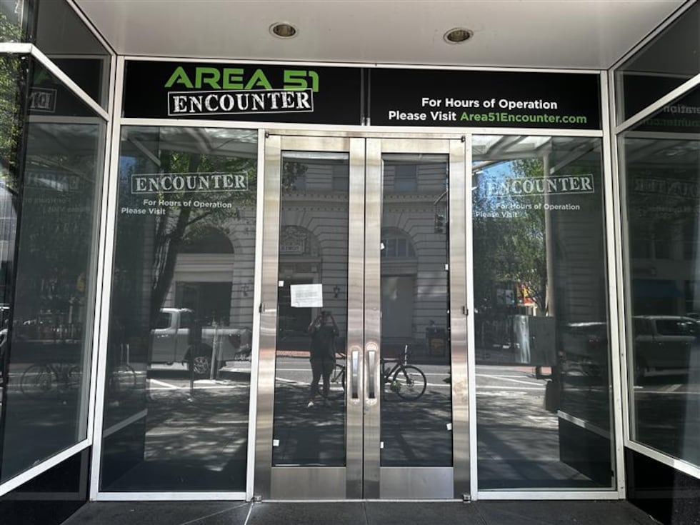 Area 51 Encounter signage at the Fox Tower in downtown Portland.