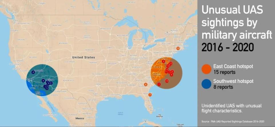 A map showing the approximate locations of reports made to the FAA between 2016 and 2020 of encounters between military aircraft and unidentified uncrewed aerial systems (UAS) with unusual characteristics. A map showing the approximate locations of clusters of reports made to the FAA between 2016 and 2020 of encounters between military aircraft and unidentified uncrewed aerial systems (UAS) with unusual flight characteristics. <em>Marc Cecotti/Adam Keyhoe/The War Zone</em>