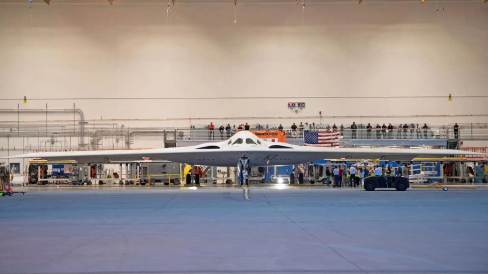 The first pre-production B-21 Raider in a hangar at Northrop Grumman’s facility within Plant 42. <em>USAF</em> The first B-21 in a hangar at Plant 42. <em>USAF</em>