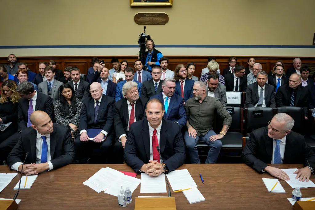 Left to right: Ryan Graves, executive director of Americans for Safe Aerospace, David Grusch, former National Reconnaissance Officer Representative of Unidentified Anomalous Phenomena Task Force at the U.S. Department of Defense, and Retired Navy Commander David Fravor at the US Congress hearing ‘Unidentified Anomalous Phenomena: Implications on National Security, Public Safety, and Government Transparency’, on Capitol Hill, Washington DC, 26 July 2023. Photo by Drew Angerer/Getty Images