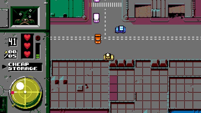 Action from an open-world top-down driving game in UFO 50.