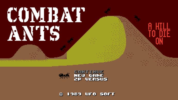 The title screen for Combat Ants in UFO 50, showing ants and an anthill and the tagline: A HILL TO DIE ON.