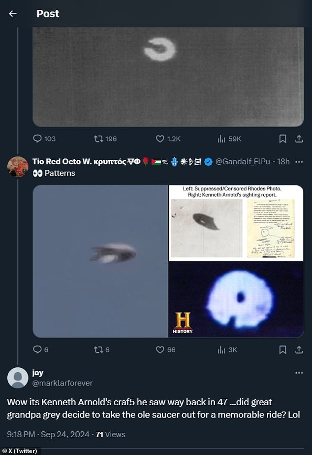 Some on social media (above) have compared this new 'Pac-Man' UFO photo to the silvery, chevron-shaped crafts first reported by pilot Kenneth Arnold in 1947 - the historic sighting that launched the modern era of 'flying saucers'