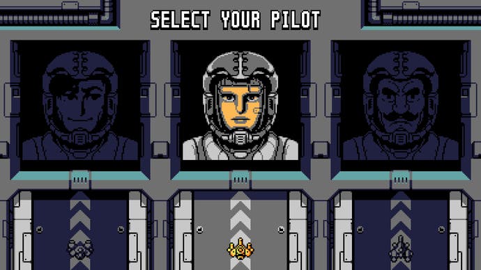 A pilot selection screen for an arcade shooter in UFO 50.