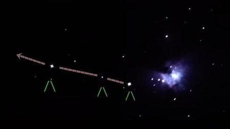 Sky-watcher films flashing anomaly traveling through space near the Orion Nebula