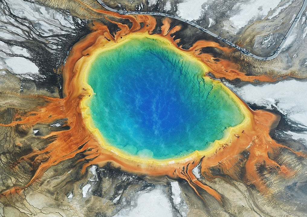 The bright colors of Grand Prismatic Spring and Yellowstone National Park, are produced by thermophiles, a type of extremophile. (Credit : Carsten Steger)