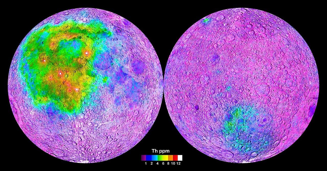 This figure shows thorium concentrations on the Moon. The large area of high concentration on the Near Side (left) corresponds to the Procellarum KREEP Terrane, and the smaller area on the Far Side (right) to the South Pole–Aitken Terrane. Image Credit: By NASA - http://solarsystem.nasa.gov/multimedia/display.cfm?Category=Planets&IM_ID=13643, Public Domain