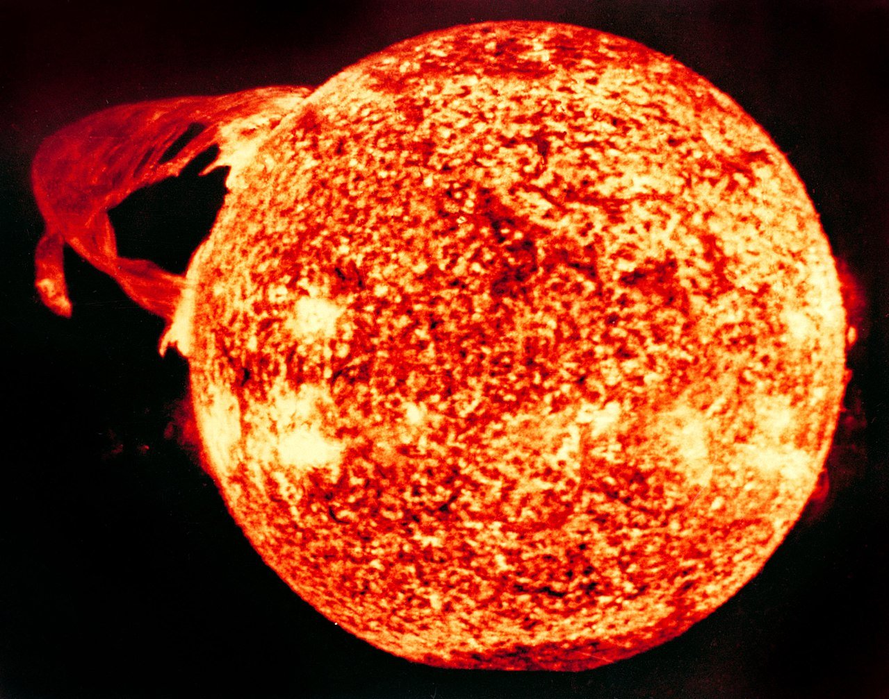 Image of the Sun taken on 19 December 1973, during the third and final manned Skylab mission, shows one of the most spectacular solar prominences ever recorded, spanning more than 588,000 kilometres across the solar surface. (Credit : NASA)