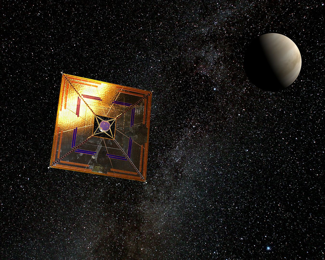 Artist impression of IKAROS, the first space-probe with a solar sail in flight, featuring a typical square sail configuration of almost 200 m2 (Credit : Andrzej Mirecki)