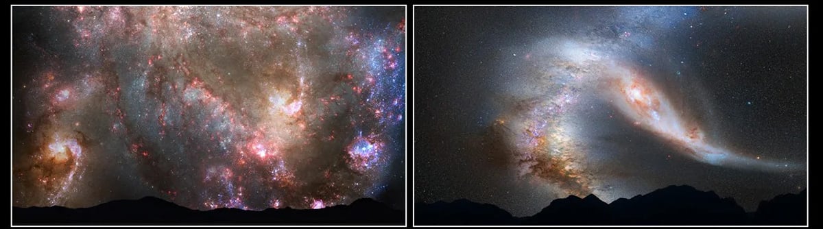Two scenes from the possible merger between Andromeda Galaxy and the Milky Way Galaxy. Notice the starburst regions and gas clumps being driven by the merger. Courtesy: NASA; ESA; Z. Levay and R. van der Marel, STScI; T. Hallas; and A. Mellinger