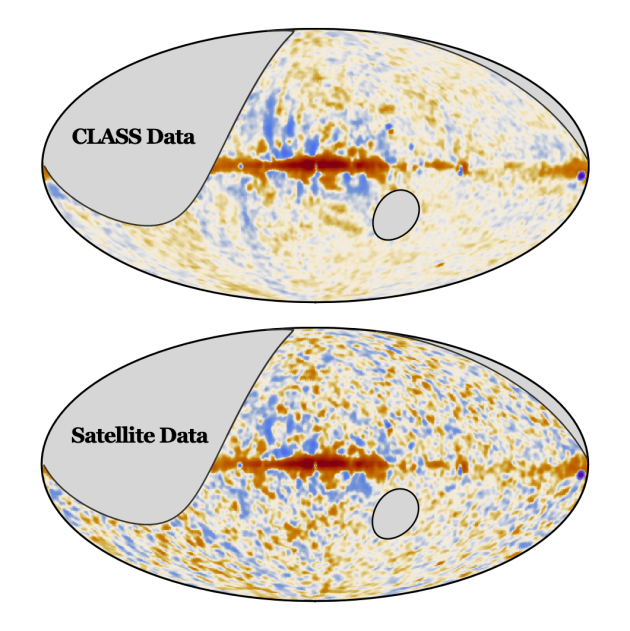 New CLASS polarization sky maps have less noise than the corresponding satellite maps. Credit: Johns Hopkins University.