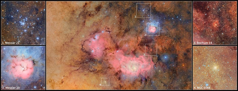 NSF-DOE Rubin Trifid and Lagoon nebulas with insets showing M21, Bochum 14 and NGC6544 (Credit : NSF-DOE Vera C. Rubin Observatory)