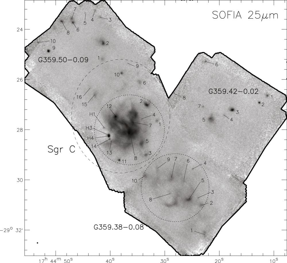 This figure shows Sgr C and its three sub-regions. The numbers indicate MYSO candidates identified by SOFIA. Image Credit: De Buizer et al. 2025. The Astrophysical Journal.*