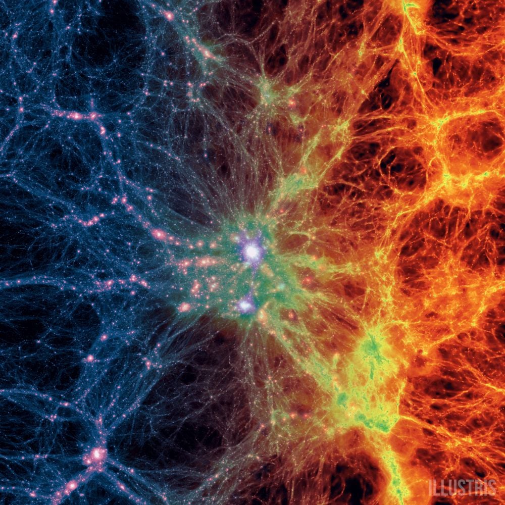 The cosmic web consists of filaments of gas connecting galaxy clusters. Image Credit: Illustris TNG/ESA.