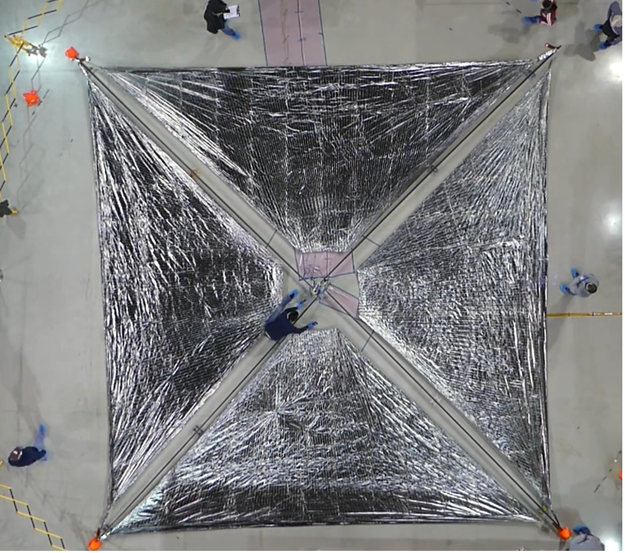 An advanced composite solar sail system’s unfurled for testing (Credit : NASA)