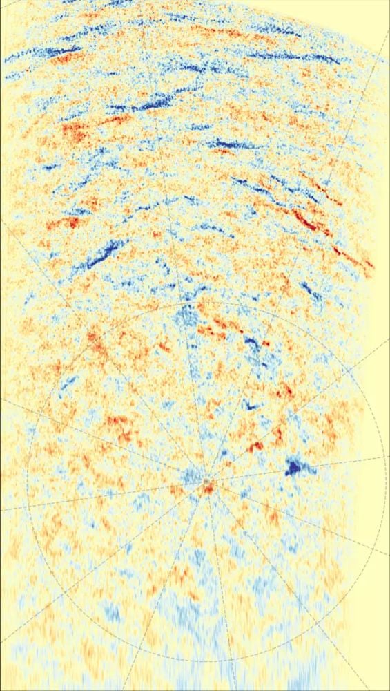 The Solar Orbiter's Polarimetric and Helioseismic Imager (PHI) captured this image of the magnetic fields on the Sun's south pole. Blue indicates a positive magnetic field and red indicates negative. Image Credit: ESA & NASA/Solar Orbiter/PHI Team, J. Hirzberger (MPS)