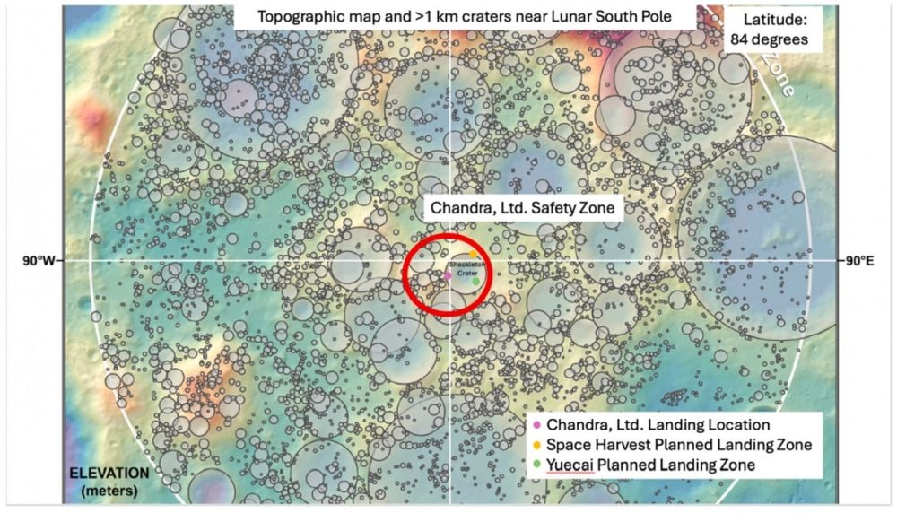 This map shows the TTX landing sites and the safety zone declared by Chandra, the first to land. The other landing sites lie within the proclaimed safety zone. Image Credit: Borowitz et al. 2015. Space Policy