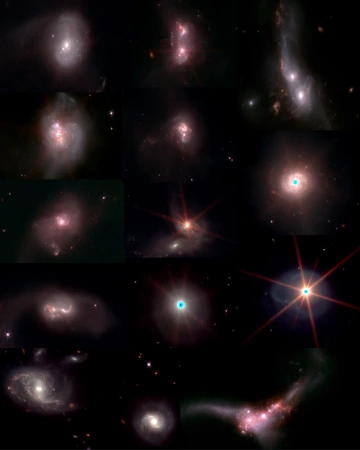 A selection of luminous infrared galaxies from the GOALS survey. These objects are very common in the early but rarely found in the "local" universe. Courtesy: Great Observatories All-sky LIRG Survey