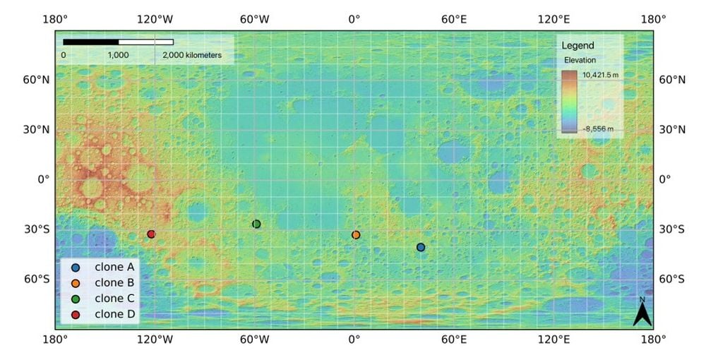 This elevation map of the lunar surface shows the four impact clones that the researchers investigated more deeply. Image Credit: Wiegert et al. 2025