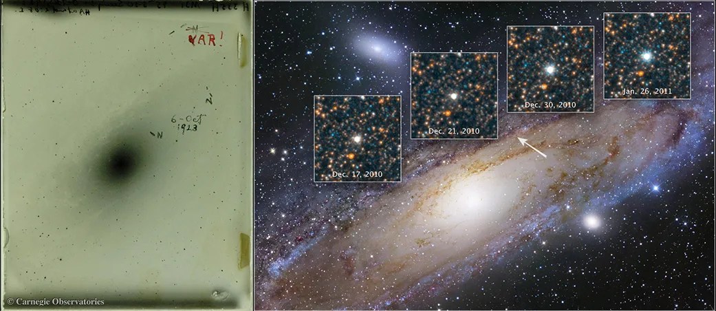 Left: A photographic plate of the Andromeda galaxy taken by Edwin Hubble. He first noted a nova, then crossed that out and added “Var!” when he discovered the star was a Cepheid variable. Right: The Hubble Space Telescope revisited Hubble’s famous Cepheid variable star V1 between December 2010 and January 2011. Left: Carnegie Observatories. Right: NASA, ESA, and the Hubble Heritage Team (STScI/AURA); Acknowledgment: R. Gendler