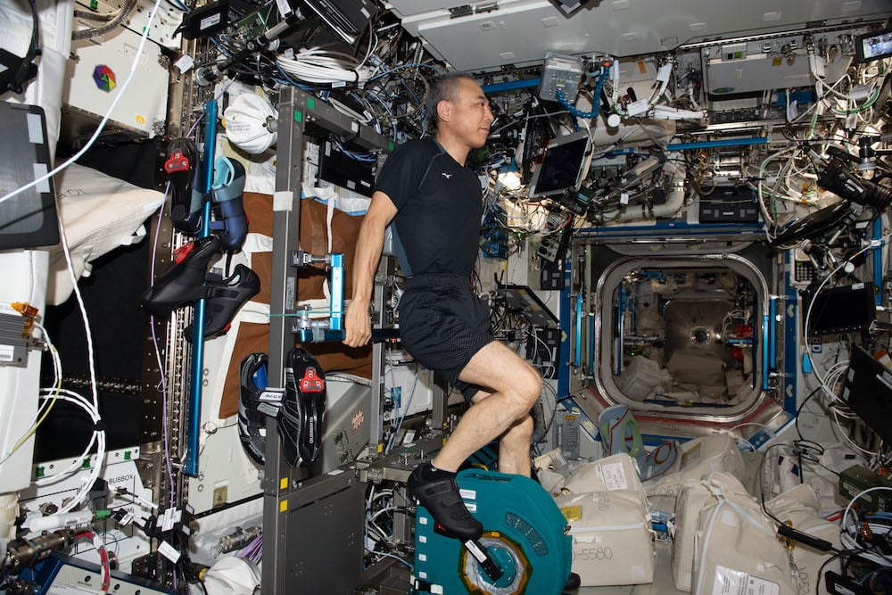 JAXA (Japan Aerospace Exploration Agency) astronaut Satoshi Furukawa pedals on the upgraded CEVIS system. (Credit : NASA)