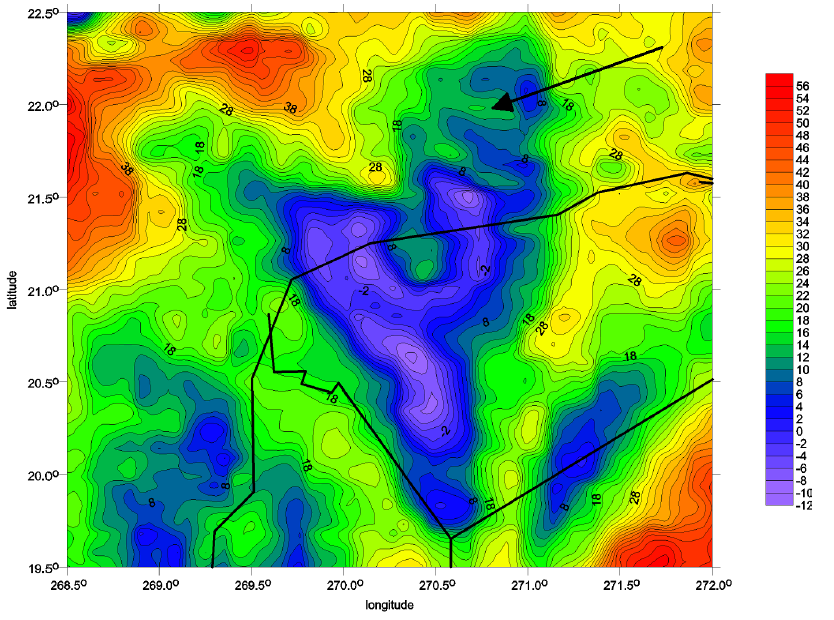 Free-air gravity anomaly over the Chicxulub crater structure - coastline and state boundaries shown as black lines (Credit : J. Klokočník, J. Kostelecký, I. Pešek, P. Novák, C. A. Wagner, and J. Sebera - Klokočník, et al)