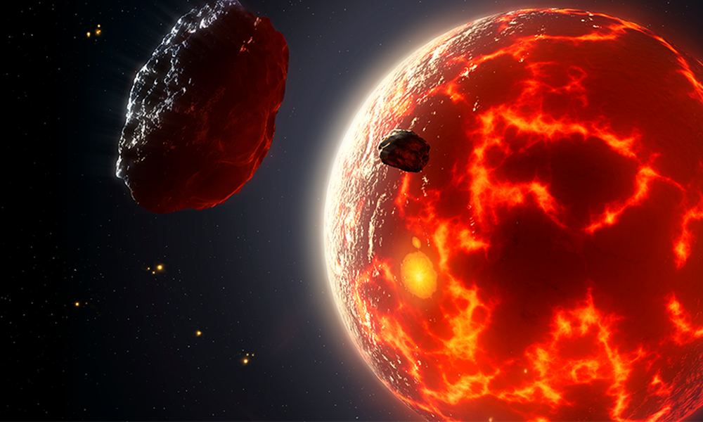 This artist's illustration shows a molten planet with asteroids nearby. Earth likely got its water from two sources: off-gassing during the magma ocean phase, and delivery by asteroids and comets. Image Credit: University of Sheffield/Mark Garlick.