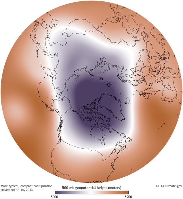 A strong tropospheric polar vortex configuration in November 2013 (Credit : National Oceanic and Atmospheric Administration)