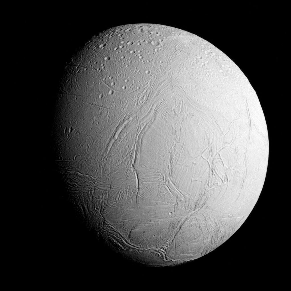 NASA's Cassini spacecraft captured this view of Enceladus as it approached for its closest dive past the moon's active south polar region. Moon's like Enceladus with subsurface oceans may well be great first destinations for LMCOOL as it attempts to find life (Credit : NASA)