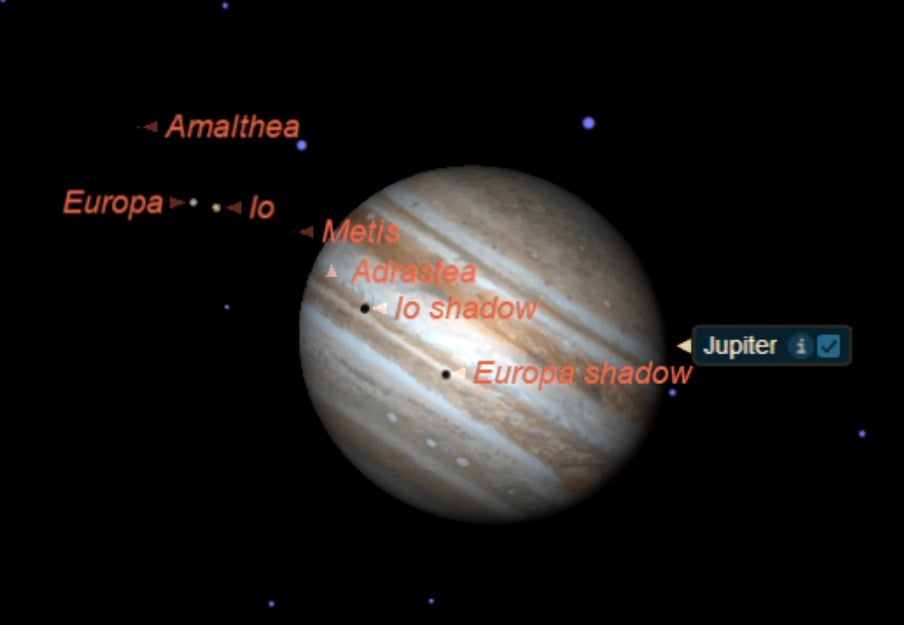 Io and Europa both cast shadows on Jupiter on October 7th. Credit: Starry Night.