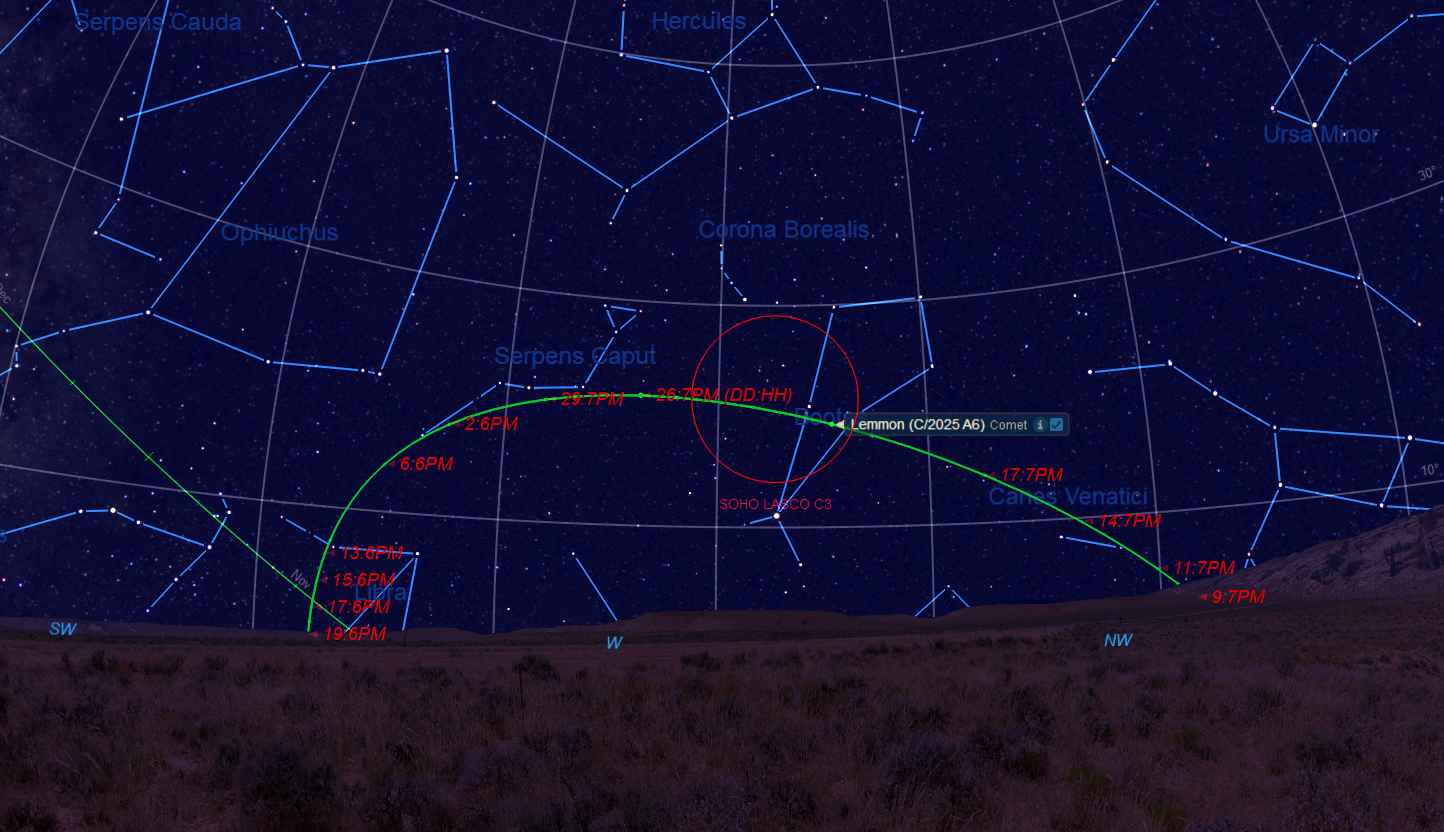 The apparent position of Comet A6 Lemmon from October through November, looking westward from latitude 35 degrees north about 45 minutes after sunset. Credit: Starry Night.