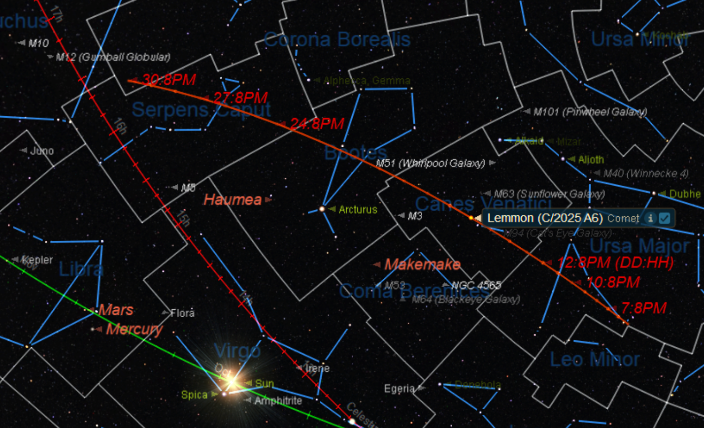 The celestial path of Comet A6 Lemmon through October. Credit: Starry Night.