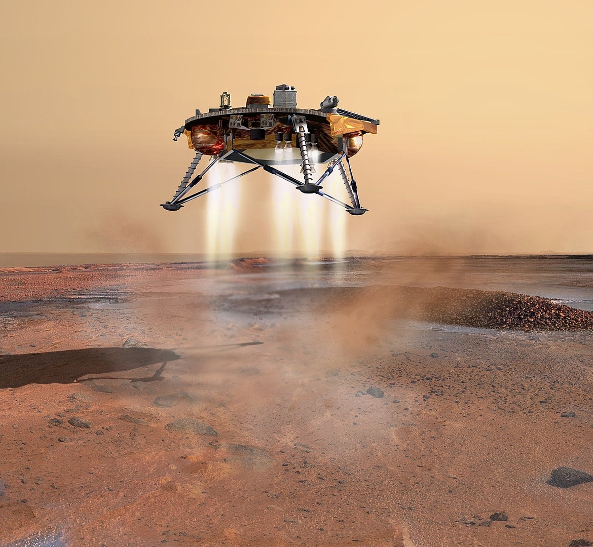 An artist's rendition of the Phoenix Mars probe during landing (Credit : NASA/JPL/Corby Waste)