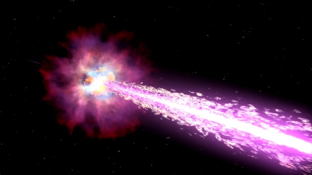 Gamma rays are not just produced during interactions with dark matter. As a high mass star explodes in this artist’s concept, it produces a jet of high energy particles. We see GRBs when such gets point almost directly at Earth (Credit: NASA/Swift/Cruz deWilde)