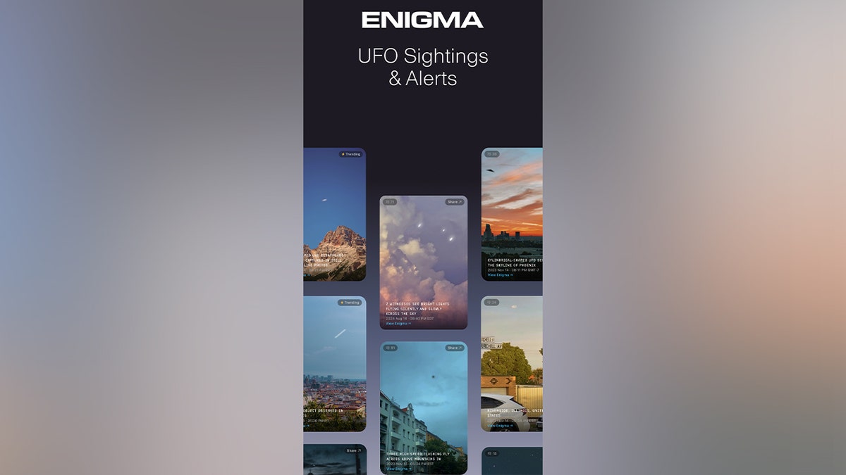 A screenshot of the Enigma UFO sightings app
