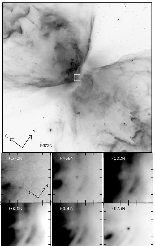 The images from the Hubble's Wide Field Camera 3 were the first to identify the central white dwarf star in the Butterfly Nebula. Image Credit: Szyszka et al. 2009. ApJ