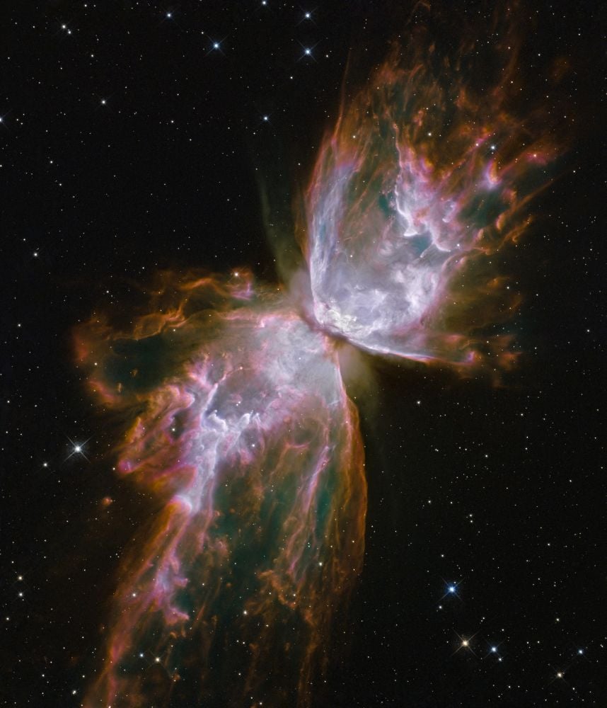The Hubble captured this image of the Butterfly Nebula in 2009, after a servicing mission installed the Wide Field Camera 3 (WFC3). The reddish outer regions indicate ionized nitrogen, while the white regions indicate ionized sulphur. Image Credit: By NASA, ESA and the Hubble SM4 ERO Team - http://www.hubblesite.org/newscenter/archive/releases/2009/25/image/f/, Public Domain